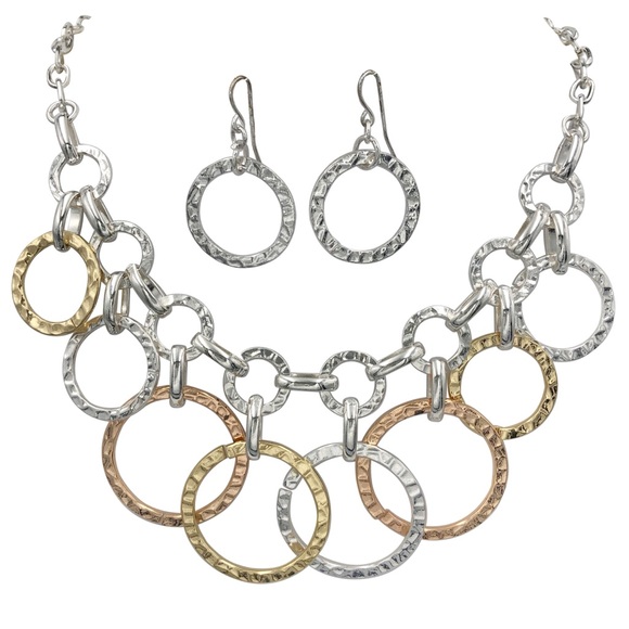 Hammered Ring Drop Tri-tone Necklace Earrings Set - Picture 1 of 3